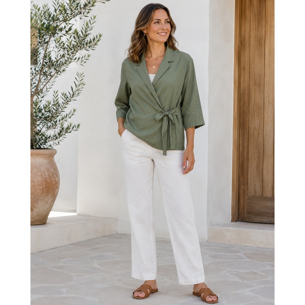 NWT Lara G Linen Blend Wrap Shirt Jacket M Olive Green Tie Side 3/4 Sleeve